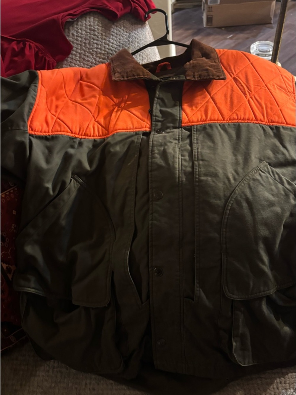 Field & Stream Olive Green Jacket with Orange Quilted Yoke